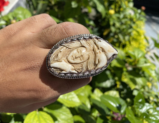 Hand-carved Buffalo Bone Ring - Women with Dolphins Design, Unique Boho Ocean Spirit Jewelry, Tibetan Silver Ring,Handmade Ring,Perfect Gift
