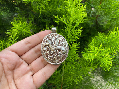 Hand-carved Pheonix Pendant in Tibetan Silver | Unique Ethnic Bohemian Necklace Charm for Men & Women, Spiritual Jewelry from Nepal