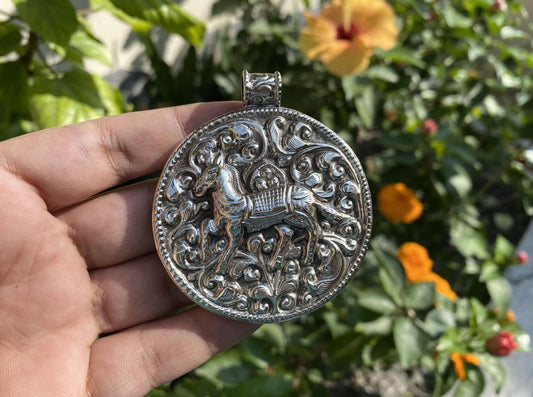 Hand-carved Round Horse Pendant in Tibetan Silver | Unisex Nature-inspired Jewelry, Boho Chic Healing Necklace, Unique Animal Lover's Gift