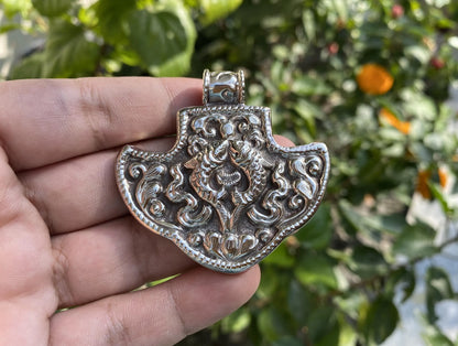 Hand-carved Tibetan Silver Pendant with Mythical Fish Design | Unique Bohemian Pendant, Unisex Pendant for Daily Wear, Spiritual Jewelry