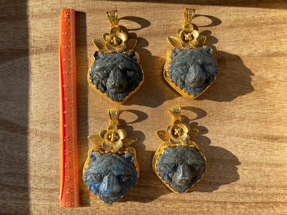 Hand Carved Bear Labradorite Gold Overlay Pendant, Bear Head Pendant, Animal Pendant, Wild life Inspired, Unique Craftsmanship, Nature Motif