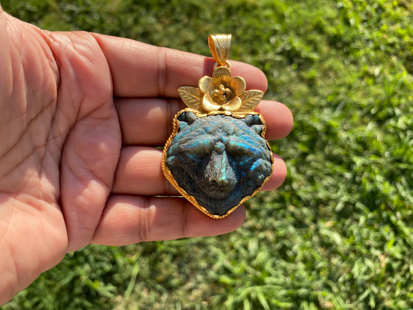 Hand Carved Bear Labradorite Gold Overlay Pendant, Bear Head Pendant, Animal Pendant, Wild life Inspired, Unique Craftsmanship, Nature Motif