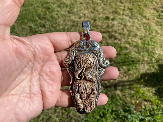 Hand Carved Bear with Eagle Tibetan Silver Pendant, Buffalo Bone, Jewelry for Men or Women, Tribal Jewelry, Ethnic Jewelry, Necklace Pendant