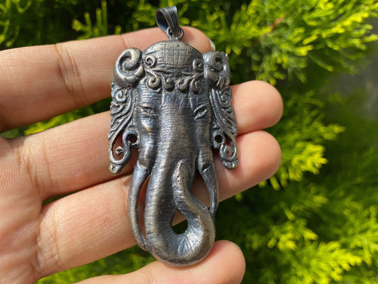 Hand Carved Big Elephant Head Silver Overlay Pendant, Elephant Pendant, Animal Lover Jewelry, Unisex Jewelry, Daily Wear.