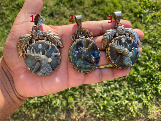 Hand Carved Deer Labradorite Tibetan Silver Pendant, Deer Pendant, Labradorite Deer, Blue Labradorite, Wildlife Jewelry, Animal Pendant
