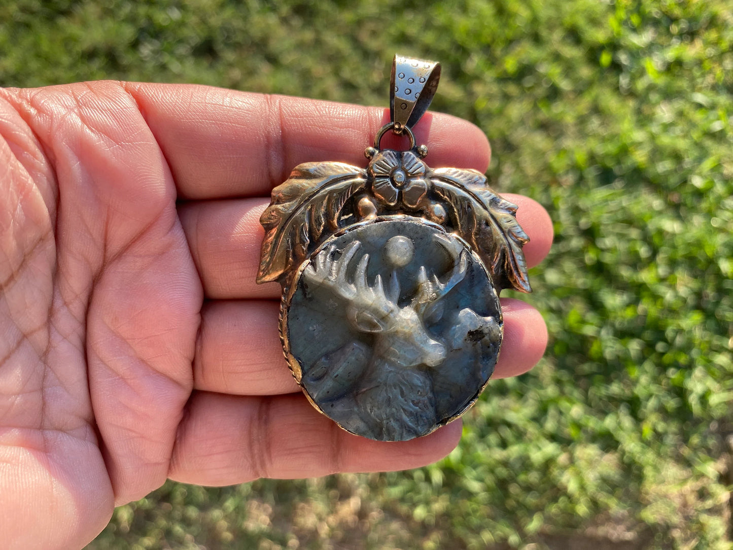 Hand Carved Deer Labradorite Tibetan Silver Pendant, Deer Pendant, Labradorite Deer, Blue Labradorite, Wildlife Jewelry, Animal Pendant