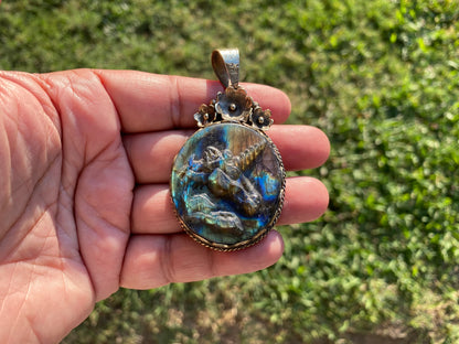 Hand Carved Deer Labradorite Tibetan Silver Pendant, Deer Pendant, Labradorite Deer, Blue Labradorite, Wildlife Jewelry, Animal Pendant