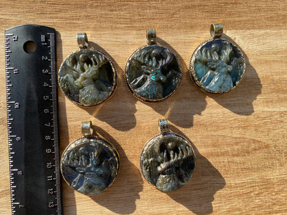 Hand Carved Deer Pendant, Natural Labradorite Tibetan Silver Necklace, Wildlife Jewelry, Unique Animal Carving Pendant, Animal Lover's Gift