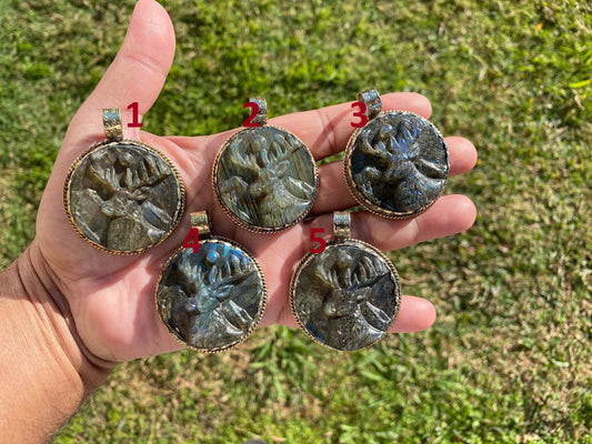 Hand Carved Deer Pendant, Natural Labradorite Tibetan Silver Necklace, Wildlife Jewelry, Unique Animal Carving Pendant, Animal Lover's Gift