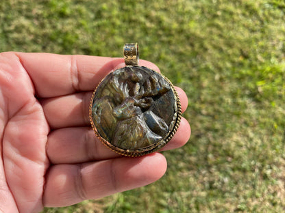 Hand Carved Deer Pendant, Natural Labradorite Tibetan Silver Necklace, Wildlife Jewelry, Unique Animal Carving Pendant, Animal Lover's Gift