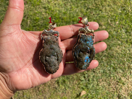 Hand Carved Eagle with Skull Pendant, Labradorite Natural Stone Tibetan Silver, Labradorite Jewelry, Crystal Skull Pendant, Carved Animal