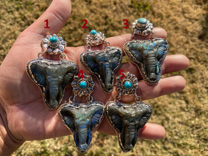 Hand Carved Elephant Head Labradorite with Turquoise Tibetan Silver Pendant, Elephant Pendant for Necklace, Blue Labradorite, Animal Pendant