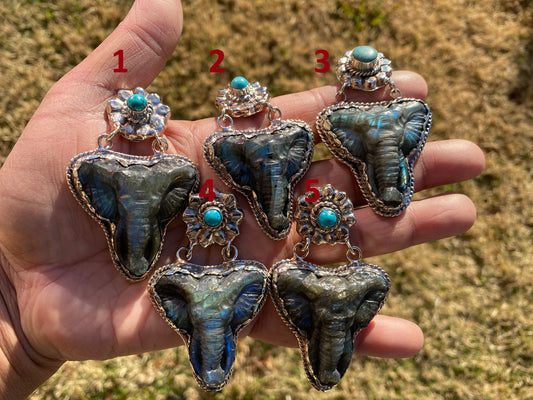 Hand Carved Elephant Head Labradorite with Turquoise Tibetan Silver Pendant, Elephant Pendant for Necklace, Blue Labradorite, Animal Pendant