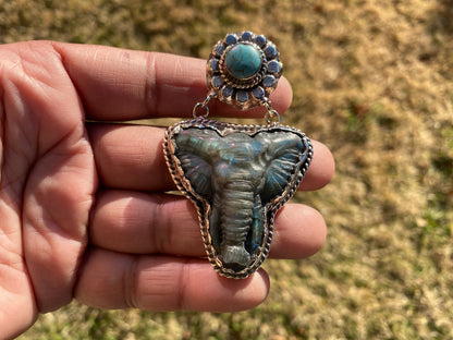 Hand Carved Elephant Head Labradorite with Turquoise Tibetan Silver Pendant, Elephant Pendant for Necklace, Blue Labradorite, Animal Pendant