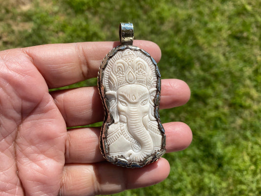 Hand Carved Ganesh Tibetan Silver Pendant, Buffalo Bone, Yoga Pendant, Ethnic Jewelry, Tribal, Spiritual Pendant, Pendant for Men or Women