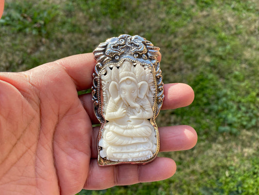 Hand Carved Ganesh Tibetan Silver Pendant, Buffalo Bone, Yoga Pendant, Ethnic Jewelry, Tribal, Spiritual Pendant, Locket for Men or Women