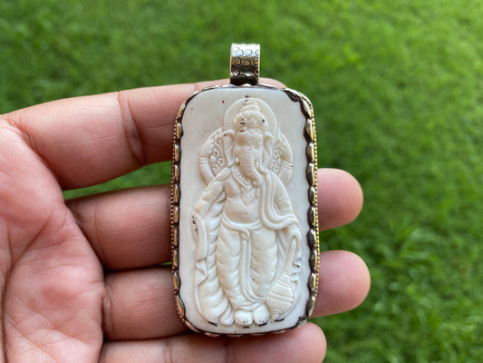 Hand Carved Ganesh Tibetan Silver Pendant, Buffalo Bone, Yoga Jewelry, Bird Design Himalayan Pendant, Nepalese Jewelry, Spiritual Pendant