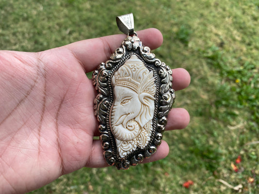 Hand Carved Ganesh Tibetan Silver Pendant, Buffalo Bone, Yoga Pendant, Ethnic Jewelry, Tribal, Spiritual Pendant, Locket for Men or Women
