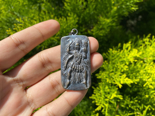 Hand Carved Goddess Kali Pendant in Tibetan Silver Overlay on Brass | Mystical Amulet, Protection Charm, Lucky Charm, Spiritual Pendant.