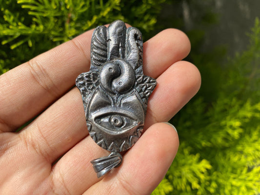Hand Carved Hamsa and Yin-Yang in Tibetan Silver Overlay Pendant, a Unique Touch to Blend of Traditions, Unisex Jewelry
