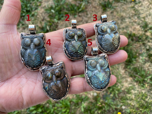 Hand Carved Owl Labradorite Tibetan Silver Pendant, Owl Pendant, Labradorite Owl, Blue Labradorite, Wildlife Jewelry, Animal Lover's Pendant