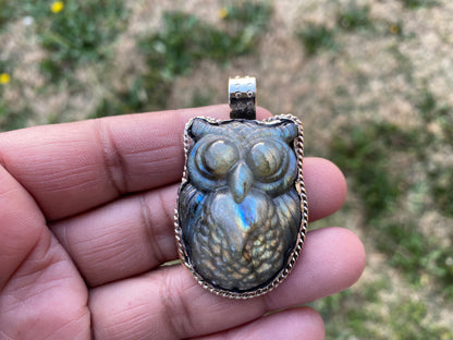 Hand Carved Owl Labradorite Tibetan Silver Pendant, Owl Pendant, Labradorite Owl, Blue Labradorite, Wildlife Jewelry, Animal Lover's Pendant