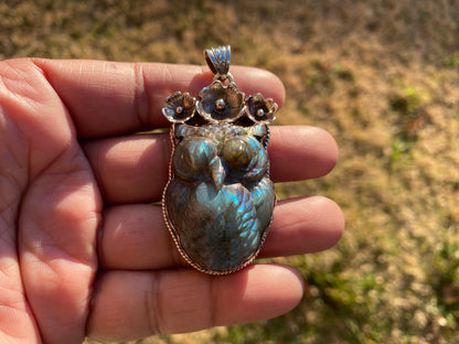 Hand Carved Owl Labradorite Tibetan Silver Pendant, Owl Pendant, Labradorite Owl, Blue Labradorite, Wildlife Jewelry, Animal Lover's Pendant