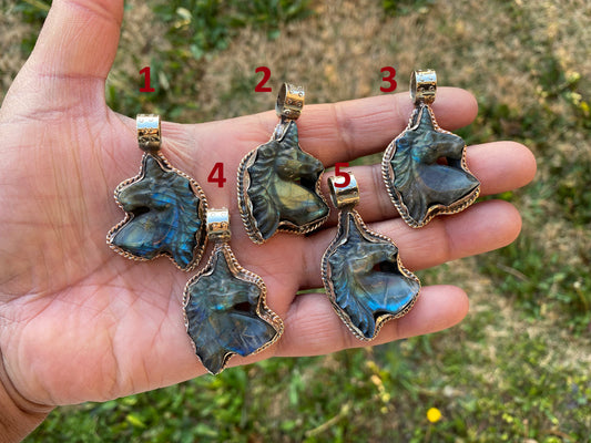 Hand Carved Small Unicorn Labradorite Tibetan Silver Pendant, Labradorite Unicorn, Blue Labradorite Horse, Healing Crystal, Animal Pendant