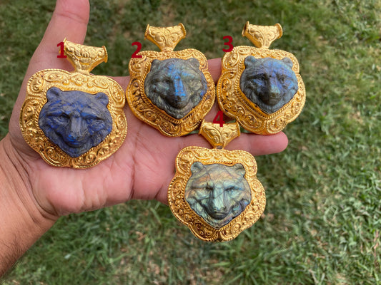 Hand Carved Tiger Labradorite Brushed Gold Overlay Large Pendant,  Unique Carving, Exotic Accessory, Protective Gemstone, Wildlife Inspired