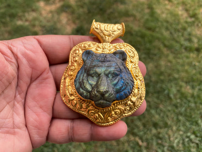 Hand Carved Tiger Labradorite Brushed Gold Overlay Large Pendant,  Unique Carving, Exotic Accessory, Protective Gemstone, Wildlife Inspired