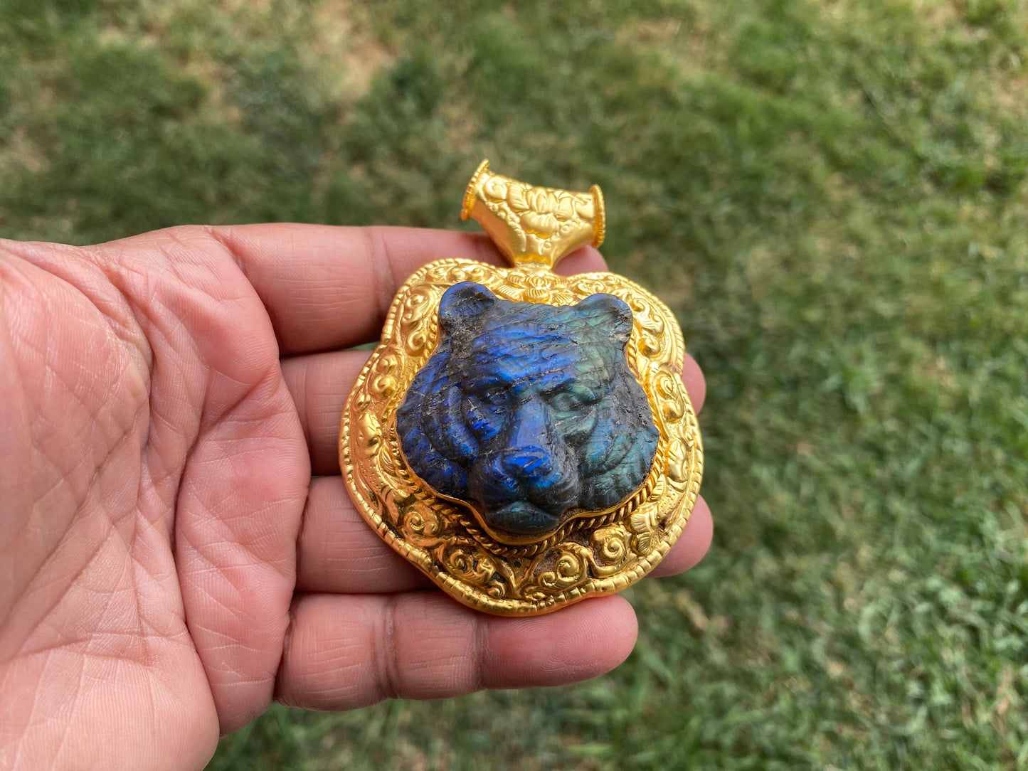 Hand Carved Tiger Labradorite Brushed Gold Overlay Large Pendant,  Unique Carving, Exotic Accessory, Protective Gemstone, Wildlife Inspired