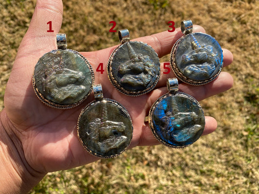 Hand Carved Unicorn Labradorite Tibetan Silver Pendant, Horse Pendant, Labradorite Horse, Blue Labradorite, Wildlife Jewelry, Animal Pendant