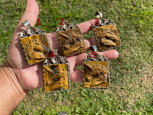 Hand Carved Unicorn Tiger Eye Natural Stone Tibetan Silver Pendant, Horse Pendant, Wildlife Jewelry, Animal Pendant, Natural Gemstone