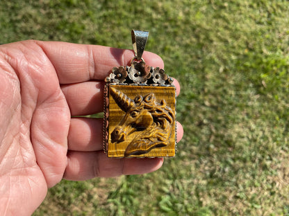 Hand Carved Unicorn Tiger Eye Natural Stone Tibetan Silver Pendant, Horse Pendant, Wildlife Jewelry, Animal Pendant, Natural Gemstone