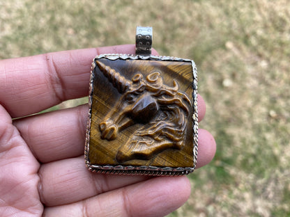 Hand Carved Unicorn Tiger Eye Natural Stone Tibetan Silver Pendant, Horse Pendant, Wildlife Jewelry, Animal Pendant, Natural Gemstone