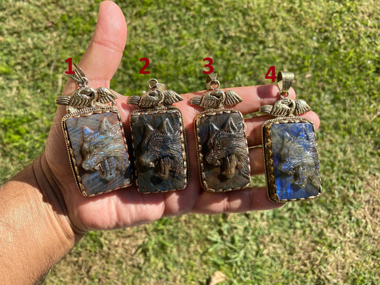 Hand Carved Wolf Labradorite Tibetan Silver Pendant, Wolf Pendant, Labradorite Wolf, Blue Labradorite, Wildlife Jewelry, Animal Pendant