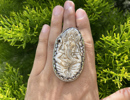 Hand Carved Ganesha Buffalo Bone in Tibetan Silver Ring | Lord Ganesh Ring, Elephant Ring, Hindu Jewelry, Engraved Ring, Spiritual Ring.