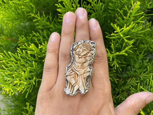 Hand Carved Lord Ganesha Side Profile in Buffalo Bone Ring | Tibetan Silver Ring, Carved Ring, Hindu Jewelry, Spiritual Jewelry, Lucky Ring