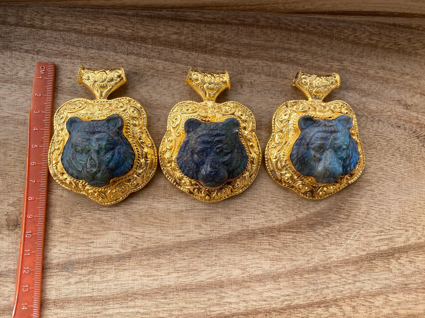 Hand Carved Tiger Labradorite Brushed Gold Overlay Large Pendant,  Unique Carving, Exotic Accessory, Protective Gemstone, Wildlife Inspired