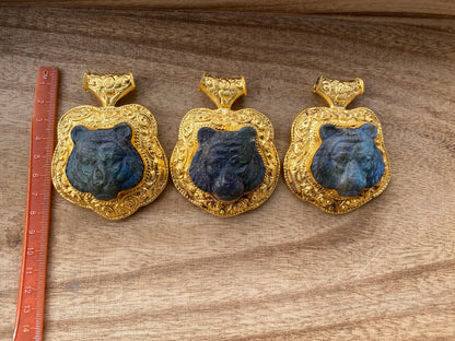 Hand Carved Tiger Labradorite Brushed Gold Overlay Large Pendant,  Unique Carving, Exotic Accessory, Protective Gemstone, Wildlife Inspired
