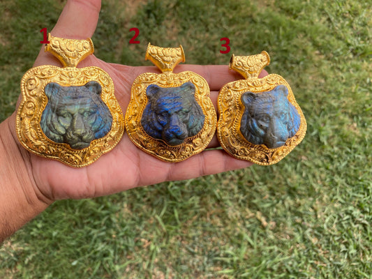 Hand Carved Tiger Labradorite Brushed Gold Overlay Large Pendant,  Unique Carving, Exotic Accessory, Protective Gemstone, Wildlife Inspired