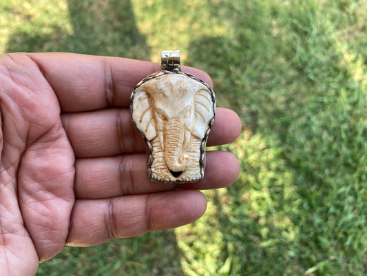 Hand carved Elephant Tibetan Silver Pendant, Buffalo Bone, Animal Lover's Jewelry, Symbol Of Strength, Elephant Lover Gift, Exotic Elegance