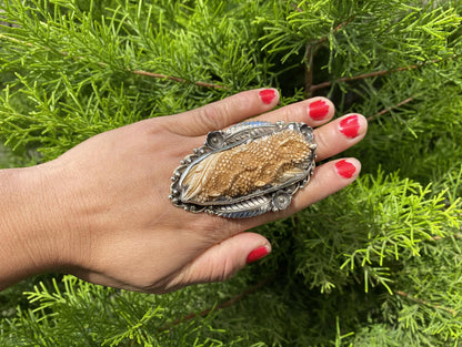 Hand carved Owl Buffalo Bone in Tibetan Silver Ring, Unique Nature Inspired Ring, Spiritual Ring, Bohemian Style, Hammered Ring,