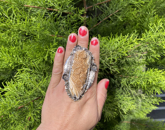 Hand carved Owl Buffalo Bone in Tibetan Silver Ring, Unique Nature Inspired Ring, Spiritual Ring, Bohemian Style, Hammered Ring,