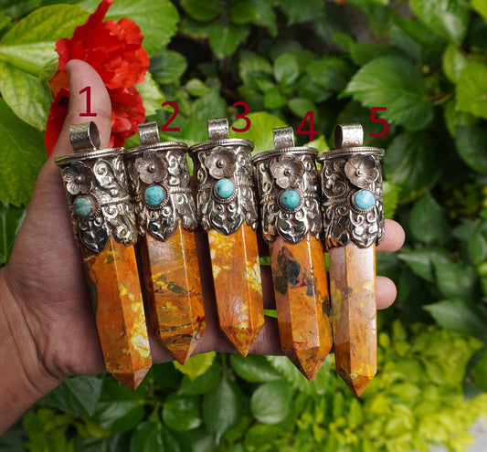 Handcrafted Aesthetic Healing Jewelry: Tibetan Silver Pendant with Natural Yellow Jasper Gemstone, Unique Pointed Pendant, Gift idea