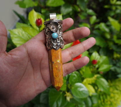 Handcrafted Aesthetic Healing Jewelry: Tibetan Silver Pendant with Natural Yellow Jasper Gemstone, Unique Pointed Pendant, Gift idea