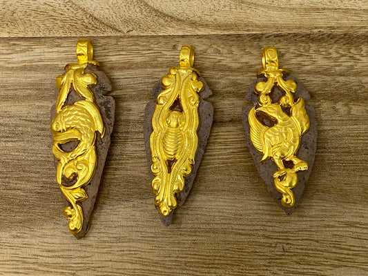 Handcrafted Agate Arrowhead Pendant, Matte Gold overlay,Animal Designs in Both sides, Himalayan Nepal Ethnic Boho Jewelry, Tibetan Pendant