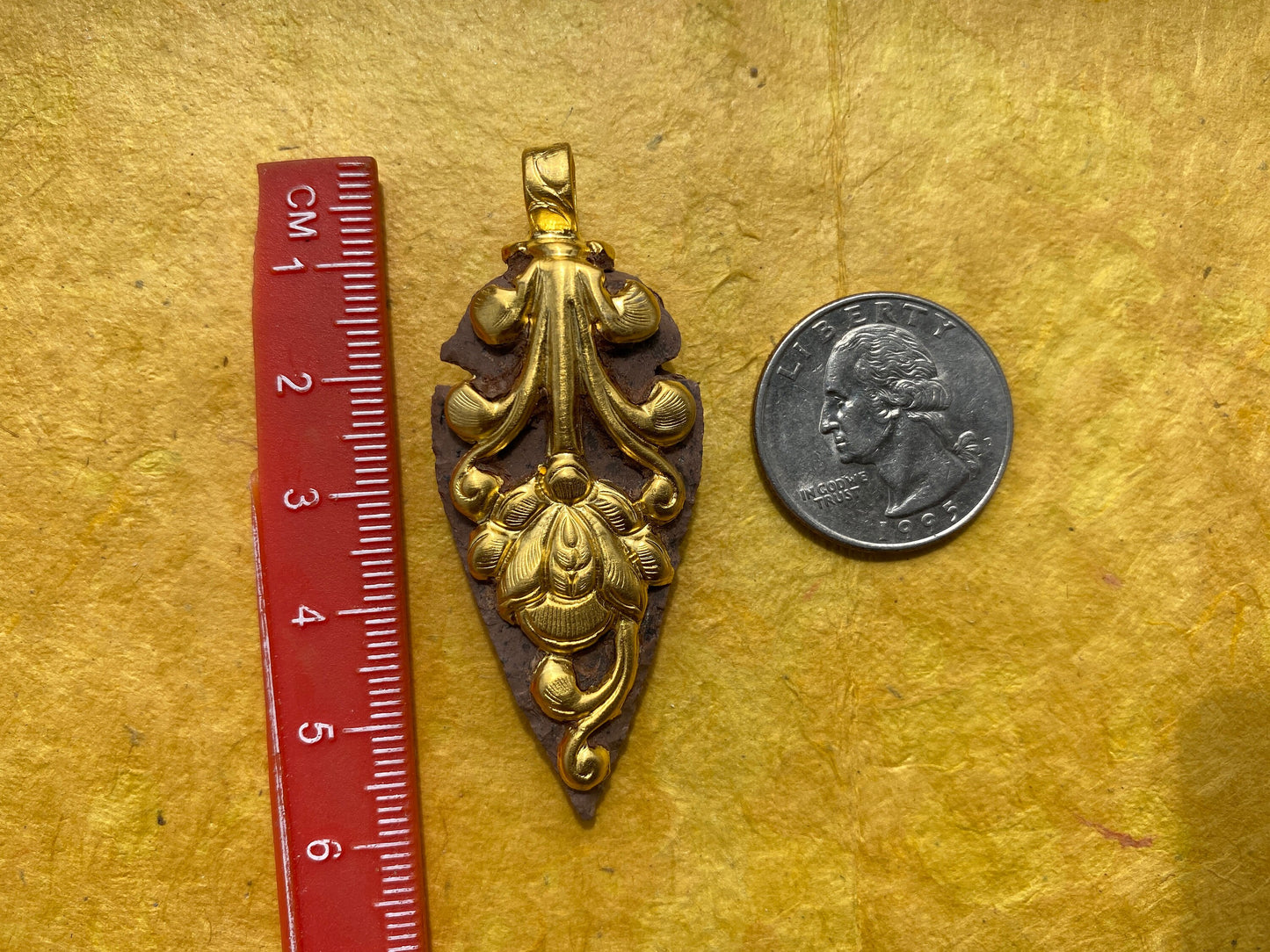Handcrafted Agate Arrowhead Pendant, Matte Gold overlay,Animal Designs in Both sides, Himalayan Nepal Ethnic Boho Jewelry, Tibetan Pendant