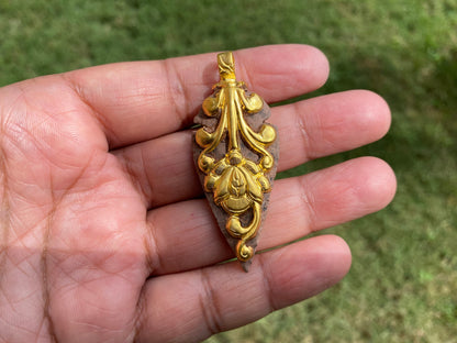Handcrafted Agate Arrowhead Pendant, Matte Gold overlay,Animal Designs in Both sides, Himalayan Nepal Ethnic Boho Jewelry, Tibetan Pendant