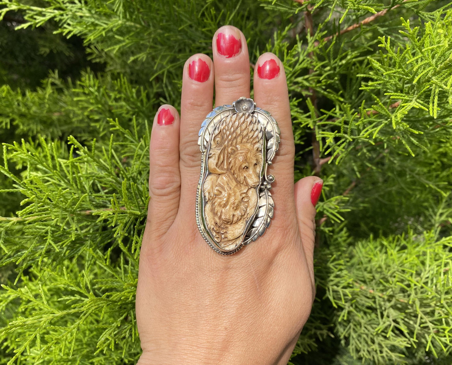 Handcrafted Bear and Wolf Carving Ring, Buffalo bone and Tibetan Silver, Unique Animal Lover Statement Jewelry, Unisex Nature-Inspired Ring